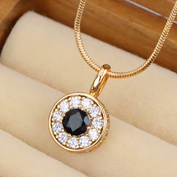 "Black Center Round Pendant in Rose Gold with Crystal Halo, XPPT1595 - Picture 1 of 13